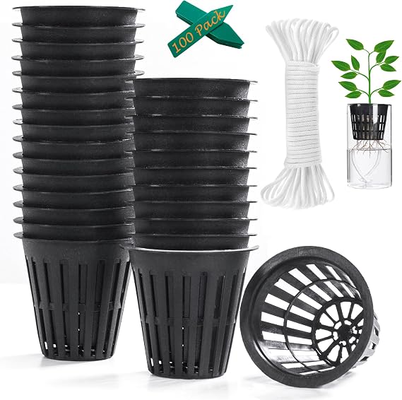 ORIMERC 100 Pack 2 inch 5cm Net Cup Pots with 30m Watering Wick & 100 Plant Labels for Hydroponic Aquaponics Kratky Indoor Outdoor Growing