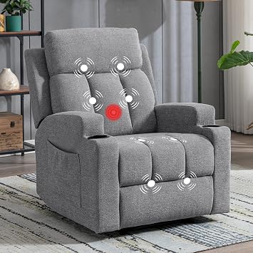 EBELLO Manual Recliner Chair with Massage and Heat, Overstuffed Breathable Fabric Reclining Sofa with 2 Side Pockets, 2 Cup Holders, Remote Control, Living Room, Bedroom, Light Grey