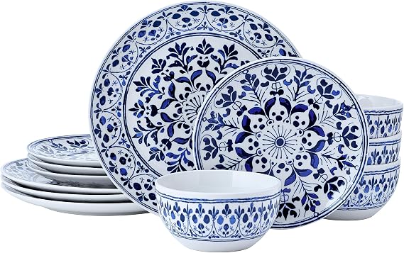 Pfaltzgraff Medallion Radiance 12 Piece Stoneware Dinnerware Plate Bowl Dish Set, Service for 4, Blue
