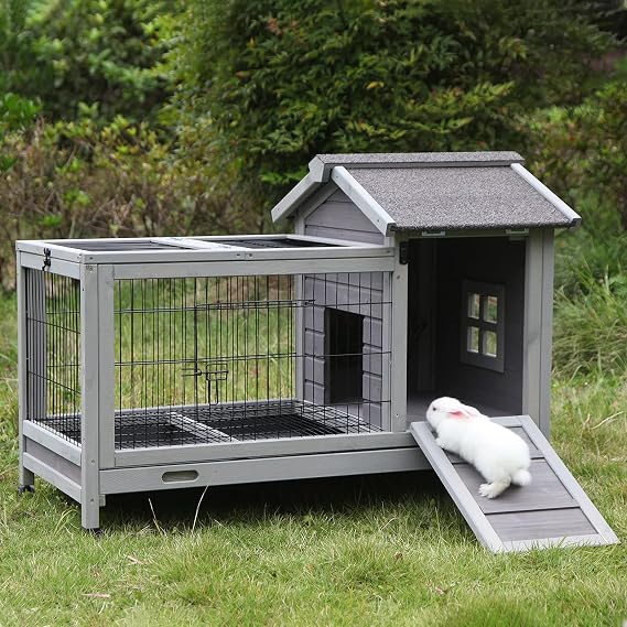 Rabbit Hutch Rabbit Cage Indoor and Outdoor, Bunny Hutch with Wheels, Removable Wire Grate Include