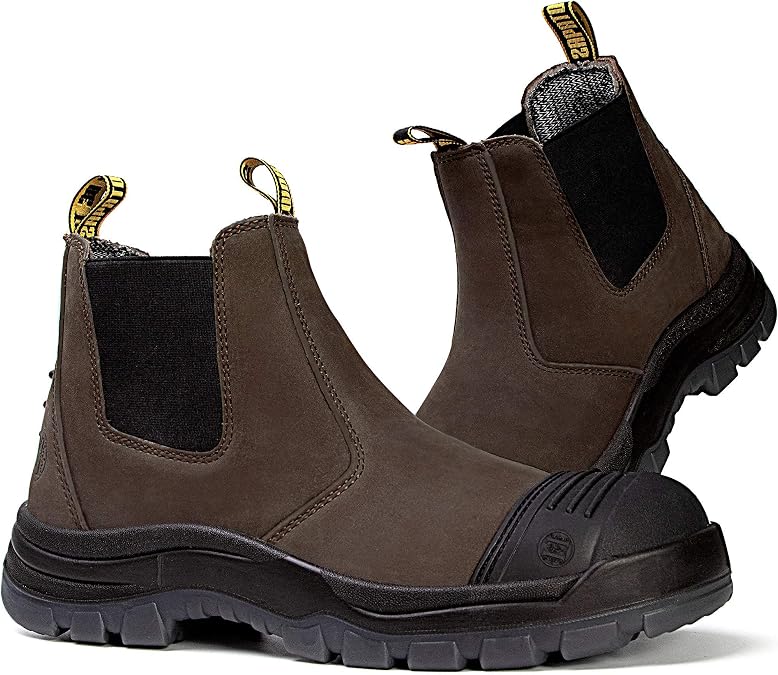 Work Boots for Men, Steel/Soft Toe Waterproof Working Boots, Slip Resistant Slip-on Safety Static Dissipative Working Shoes (Dark Brown)