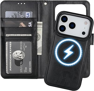 Bocasal for iPhone 17 Pro Wallet Case Compatible with MagSafe Wireless Charging, RFID Blocking Magnetic Leather Case with Card Slots Holder Kickstand Detachable Wrist Strap 6.3 Inch Black