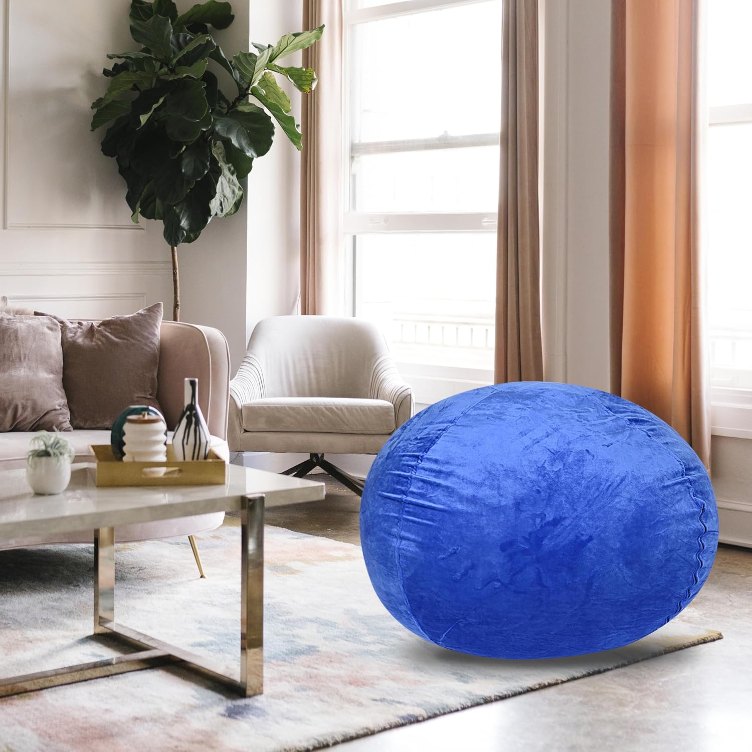 Comfy 4ft Minky Velvet Bean Bag Chair for Kids and Adults, Washable Cover, Soft Lounge Chair in Blue