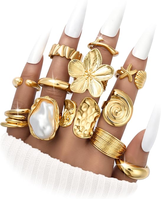 FAXHION 12 PCS Chunky Gold Plated Rings for Women Statement Flower Ring Set