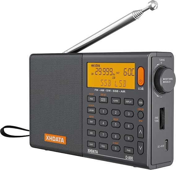 Xhdata D-808 taşınabilir Dijital radyo UKW Stereo/kW/mW/LW SSB RDS Air Band Multi-band-Radio Hoparlör ile LCD-Gösterge alarmlı saat/kronometre harici anten ve 18650 pil (Gri)