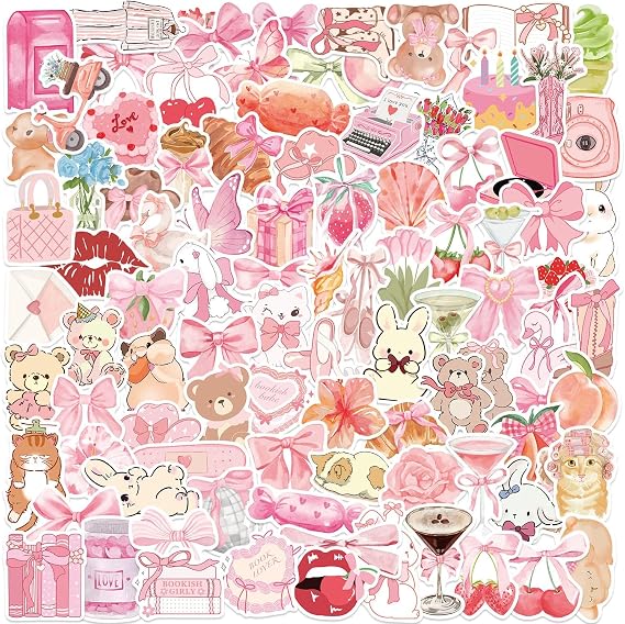 100pcs Coquette Stickers Pack - Cute Waterproof Vinyl Aesthetic Stickers for Girls | Laptop, Water Bottle, Phone, Guitar Decoration (Random Pink Designs)