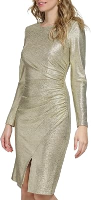 Eliza J Womens Style Metallic Knit Long Sleeve Jewel Neck Dress