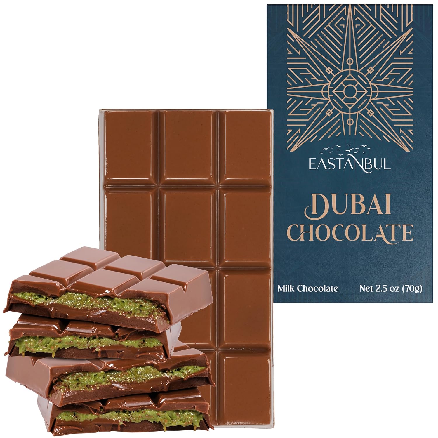 Eastanbul Dubai Chocolate Bar Pistachio, 2.5oz Mini Treat, Premium Pistachio Dubai Chocolate Bar, Viral Candy with Shredded Phyllo Dough, Knafeh, Gift Box