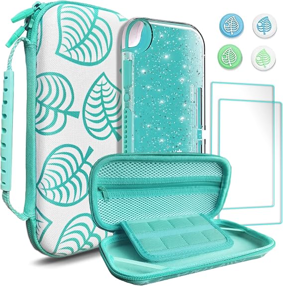 TIKOdirect Carrying Case for Switch lite, Shockproof Portable Travel Bag with Glitter Galaxy case, Screen Protectors and Cute Leaf Thumb Grips Caps, Leaf Green