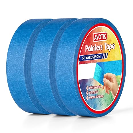 Blue Painters Tape 3 Rolls: Masking Tape 24mm Wide x 55 Yards - Painter's Tape Blue Masking Tape for Walls Painting Packing, Wood, Floors, DIY, Total 220 Yards (3 rolls-24mm x 50m)