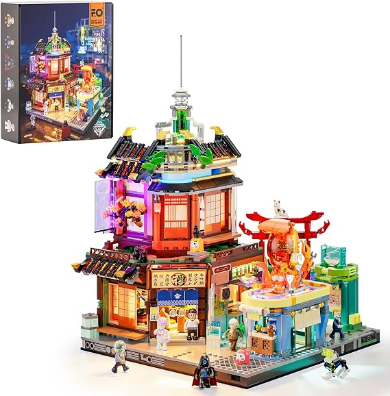 FUNWHOLE Cyberpunk Japanese Bistro Lighting Building Brick Set - Cyberpunk Neon City Future Pub Japanese Street View House Collection LED Light Model Set 1987 Pieces for Adults Sci-Fi Enthusiast