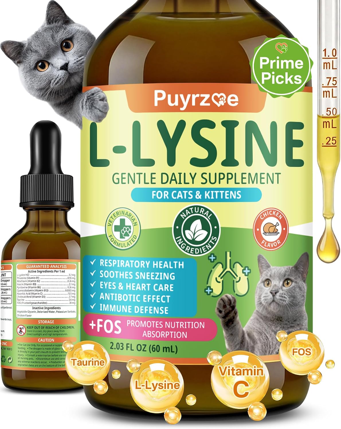 Puyrzoe Lysine for Cats Drops, Cat Respiratory Irritation Treatment, Supports Immune & Gut, Sneezing, Runny Nose & Watery Eyes Relief, Cat Lysine to Boost Energy & Appetite, Chicken Flavor, 60 mL