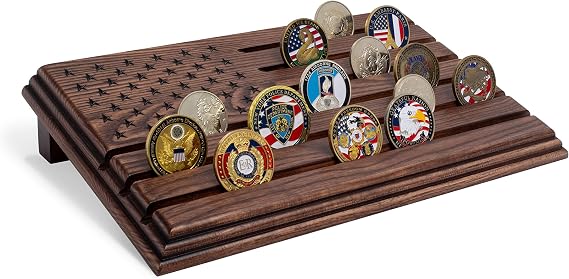 TESLYAR 6 Rows Military Challenge Coins Display Stand - Wooden Holder for 30-36 Coins - Solid Wood Display Rack for Desk - Army Collectible Challenge Coin Display Case - American Flag Design (Brown)