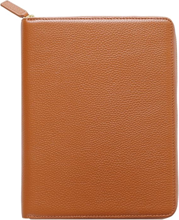 Moterm Zippered Leather Cover for A5-Notebooks - Fits Hobonichi Cousin, Stalogy and Midori MD Planners (Pebbled-Burnt Orange)