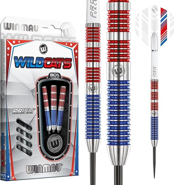 WINMAU Wildcats 90% Tungsten Darts Set with Flights and Stems (Shafts) - Prism Technology - Match Weighed