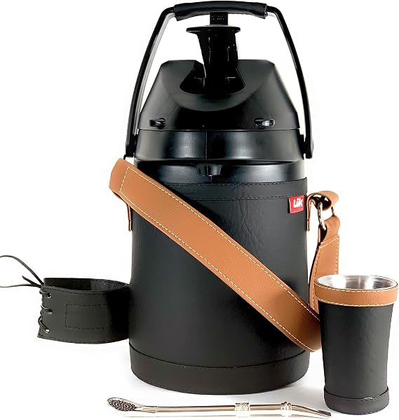 Airpot 2.5 litros Luk Termos, termo acero inoxidable para cafe, mate terere | Set Frio caliente Mate Terere modelo Negro Basico + vaso guampa + bombilla