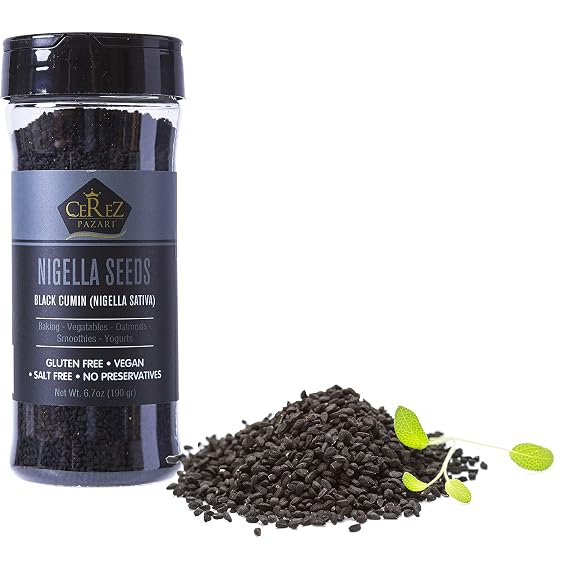 Cerez Pazari Nigella Seeds 7 oz, Black Cumin Seeds, Black Caraway Nigella Seeds, Natural Nigella Sativa, Vegan Kalonji, Non-GMO, Gluten-Free, Easy To Use Flapper Spice Cap