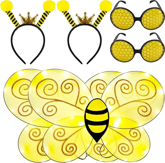 Bumble Bee Costume Set Include 2 Light up Bee Wings 2 Pcs Bee Antenna Headband 2 Pcs Bee Glasses Bumblebee Costume Accessories for Kids Adults and Women