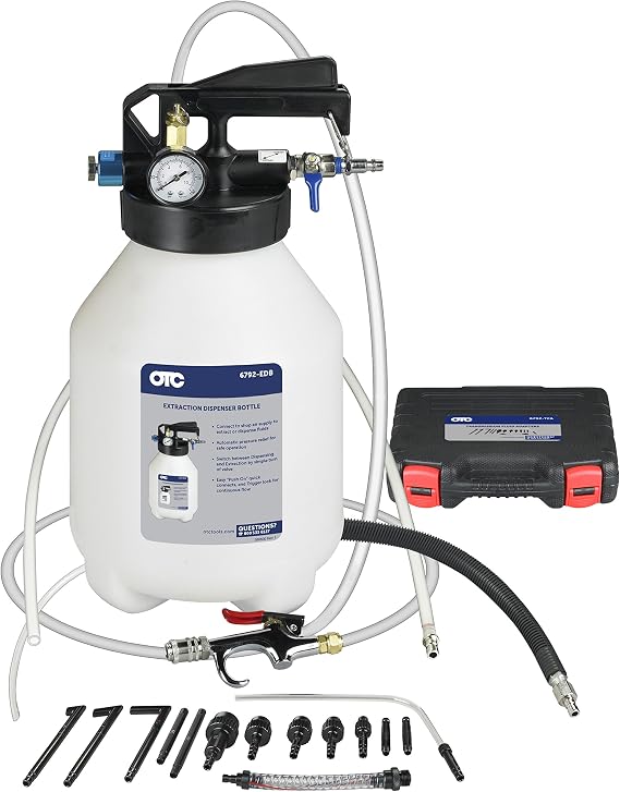 OTC 6792 Transmission Fluid Fill/Extract Kit with Adapters | 6-Liter Sealed Reservoir is Used with Shop Air to Extract or Dispense Transmission Fluid; Designed for Undercar Service
