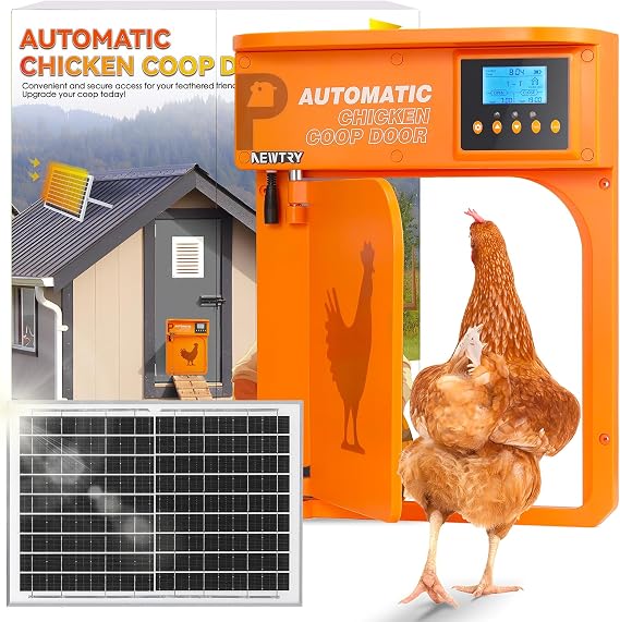 NEWTRY Automatic Chicken Coop Door, Side-Opening, Timer & Light Control | Solar/Batterie/AC Triple Power Mode with 40M Remote Range, Anti-Pinch IP 45 Electric Chicken Door (Orange)