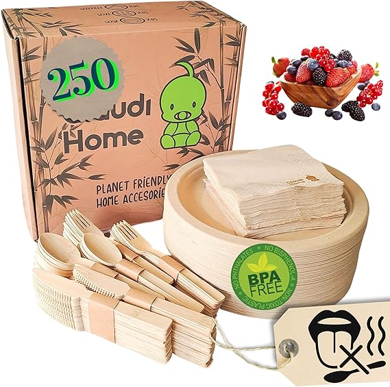 50 Guests Bamboo Disposable Tableware Set - Eco-Friendly & Compostable XL Plates, Cutlery & Napkins - Plastic-Free Biodegradable Party Supplies for Weddings, BBQ & Birthdays @Claudi Home