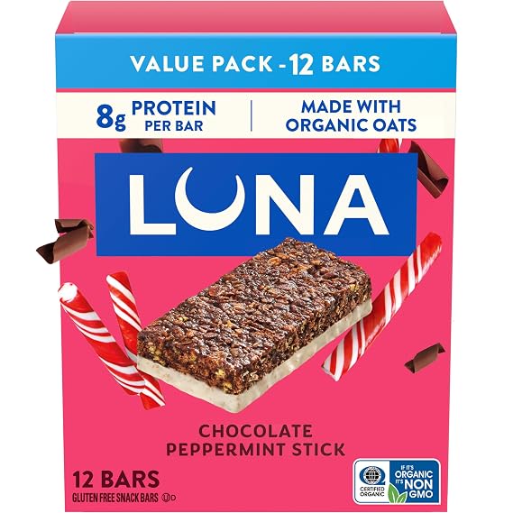 LUNA Bar Chocolate Peppermint Stick, Gluten Free Snack Bars, 12ct