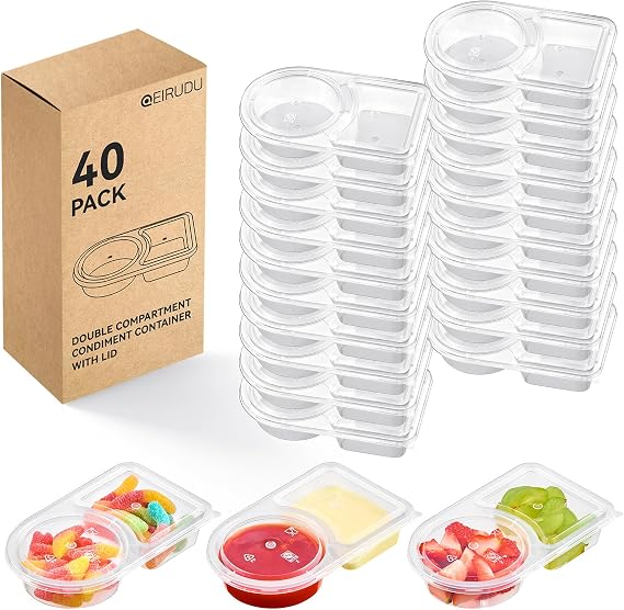 40 Sets 6 oz Double Compartment Condiment Containers with Lids, Reusable Snack Pack Containers for Meal Prep, Dipping Sauce, Portion Control, Travel Snack