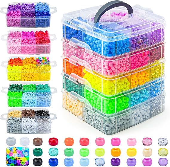 Gionlion 6000+ PCS Pony Beads 30 Assorted Colors Includes Glow in the Dark Bead, Kandi Beads for Jewelry Making, Friendship Bracelet, 6x9mm Hair Bead for Braids in Shock Resistant Packaging