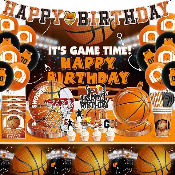 Basketball Party Decorations, with Cake Topper, 25 Serves Disposable Tableware Set, Banner Plates, Napkins, Cup, Balloon, Table Cloth, for Basketball Sports Theme Party Decorations
