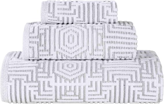 Cotton Modern Geometric Jacquard Towel Set, Towels for Bathroom, Shower, Spa, Plush, Quick Dry, Ultra-Soft Towels, Bath Essentials, Jasper Collection, 12 Piece Assorted Towel Set, Platinum