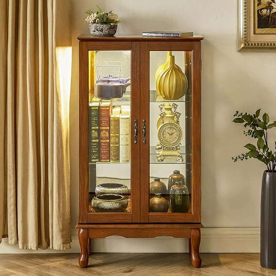 Lighted Curio Cabinet, Modern Floor Standing Glass Curio Cabinet Display Case Cabinet with Adjustable Shelves, Mirrored Back Panel and Tempered Glass Doors for HomeOffice Oak