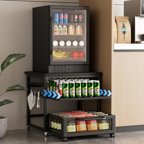 DDJ Mini Fridge Stand with Storage, 21 x 21 in Heavy Duty Mini Fridge Table | Compact Refrigerator Stand with Drawer Basket, Pull-out Shelf and Lockable Wheels for Home Office, Black
