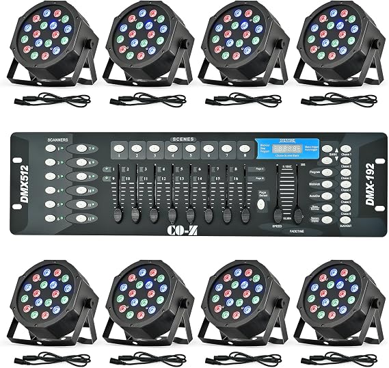 CO-Z 8-Pack 18 RGB LED Stage Lights with DMX Controller for DJ Lighting