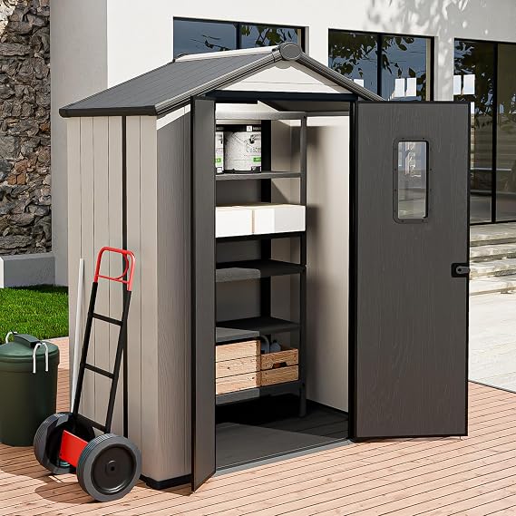 5x3 Outdoor Storage Shed with Floor, Resin Shed, White/Gray