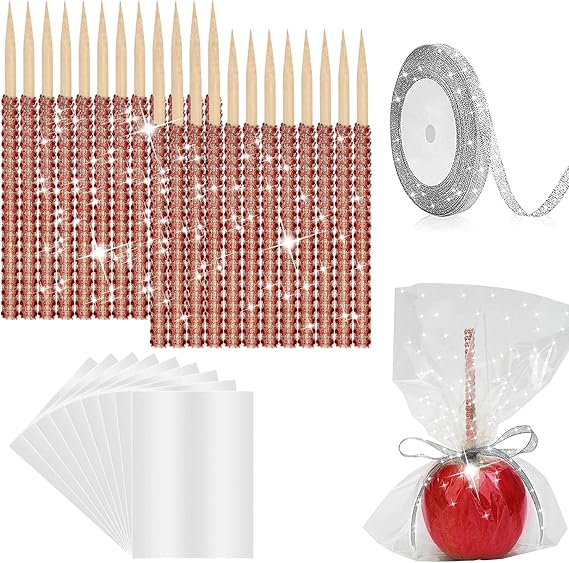 Coldairsoap Glitter Candy Apple Sticks and Bags, 24P Bling Sticks with 30p Candy Bags & 1 Roll 25yd Glitter Ribbon, Caramel Apple Wooden Bling Pointed Skewers for Wedding DIY Kits