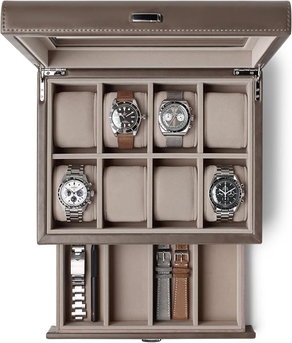 TAWBURY 8-Fach-Uhrenbox mit Aufbewahrungsschublade – Premium-Uhrenaufbewahrungsbox für Herren (Taupe)