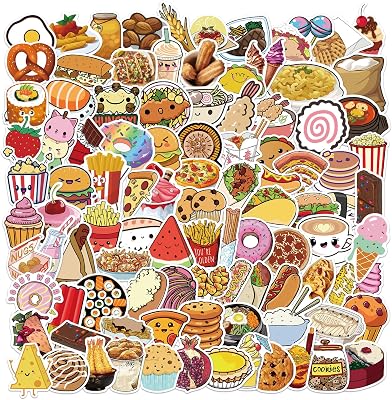 Cute Food Stickers 100PCS, Vinyl Waterproof Snack Decals for Journaling and Scrapbooking, Cartoon Stickers for Teens and Adults