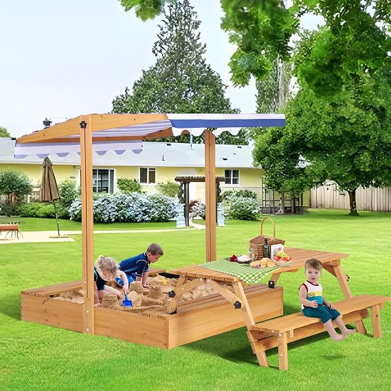 Kids Sandbox with Lid, Outdoor Wooden Sand Box with Kid Picnic Table