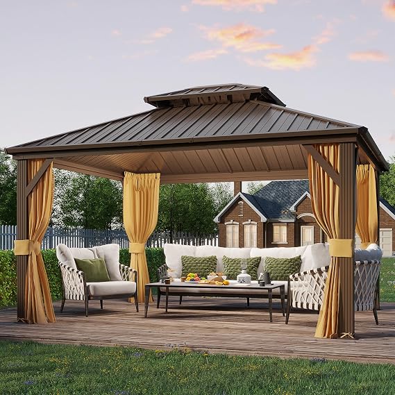 EROMMY 3x3.6M Hardtop Gazebo, Metal Double Roof Aluminum Gazebos with Curtain and Netting,Brown Permanent Galvanized Steel Pavilion for Patio, Lawn & Deck