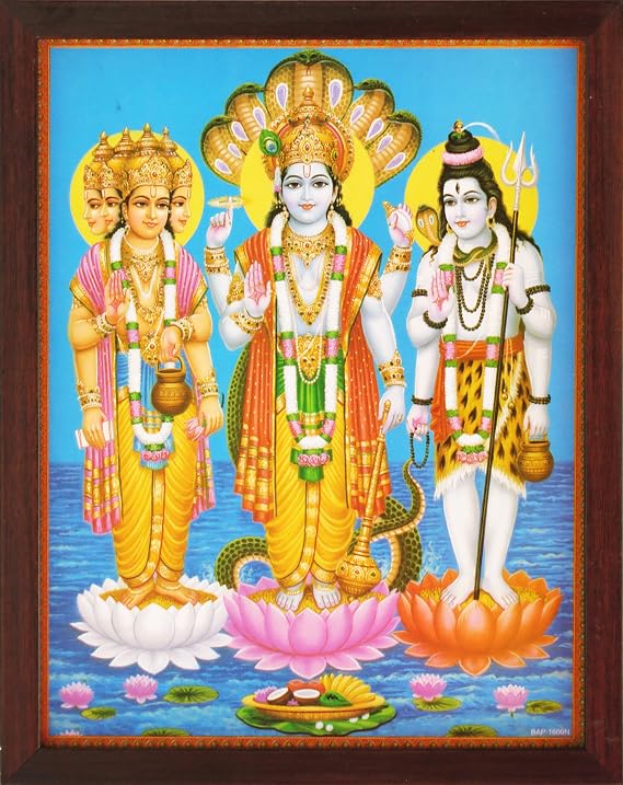 Brahma Vishnu Shiva Trimurti Lotus Framed Indian Wall Art