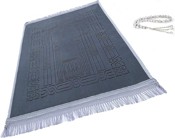 Prayer Rug Muslim Mat Islamic - Thick Large Padded Sajadah for Kids Men Women with Islam Prayer Beads for Eid Travel Ramadan, Soft Luxury Great for Knees and Forehead(Grey)