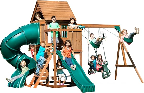 Swing-N-Slide Tremont Tower Play Set with Two Slides, Two Swings, Glider, Picnic Table, Telescope and Climbing Wall , Green
