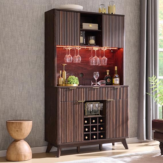 OKD 72" Tall Coffee Bar Cabinet, Fluted Wooden Wine Cabinet, Dark Walnut