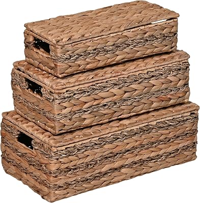 happimess BSK2000A-3SET Sandrine Classic Farmhouse Handwoven Hyacinth Wicker Storage Baskets with Handles and Lids, Natural Set of 3, Seagrass Containers for Decoration in Living Room, Bedroom