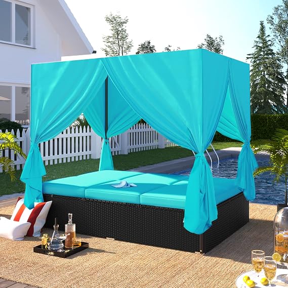 LUMISOL Rattan Outdoor Daybed with Canopy, 2-Person Wicker Patio Sunbed with Adjustable Seats, Blue