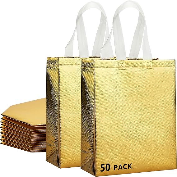 RACETOP 50 Pcs Gold Gift Bags Medium Size, 8x4x10 Inch Reusable Gift Bags with Handles & Sturdy Base, Ideal for Birthday, Wedding, Bachelorette, Party Favors, Holiday Goodie