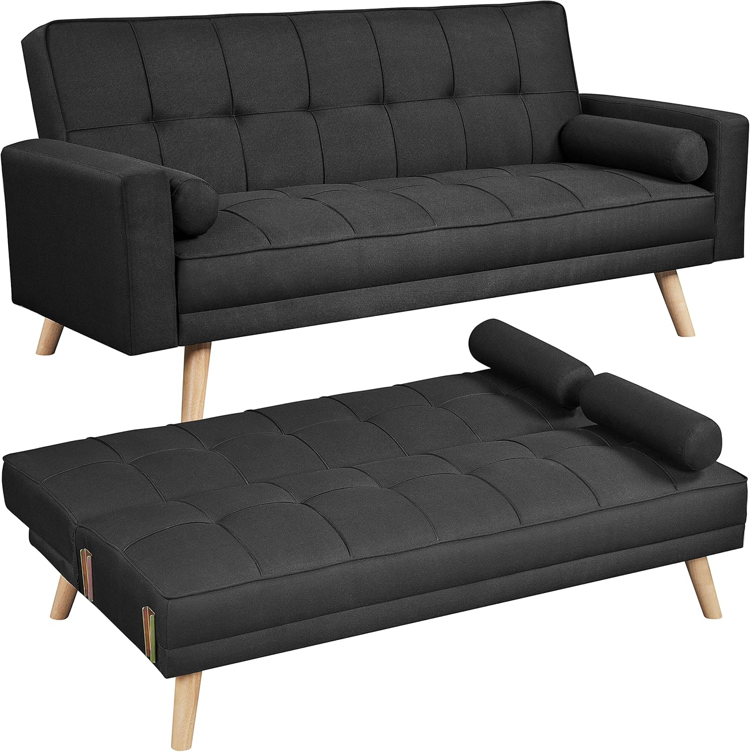 Yaheetech Modern Fabric Sofa Bed 3 Seater Click Clack Sofa Settee Recliner Couch with Wooden Legs for Living RoomGuest RoomOffice, Black