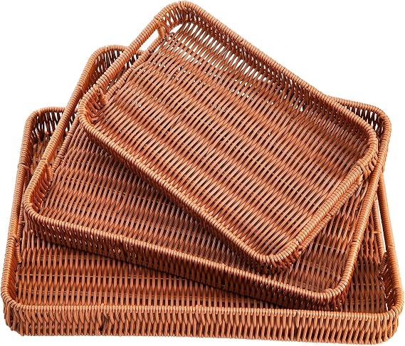 Yarlung 3 Pack Woven Baskets Serving Trays with Handles, Plastic Wicker Bread Baskets Rectangular Platters for Fruit, Vegetables, Breakfast, Snacks, Dining Coffee Table, 3 Sizes