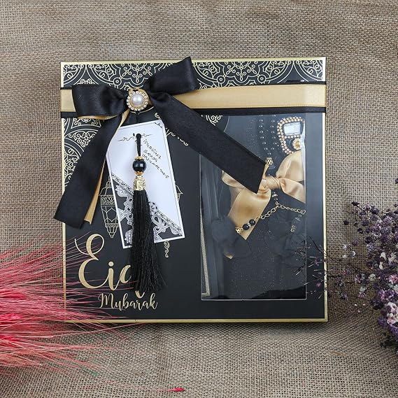 VHD Eid Mubarak Gift Box For Women, Eid Favor Set | Islamic Ramadan Gift Set for Muslim Woman | Quran, Shawl, Prayer Rug, Misbaha, Bookmark Box (Black)