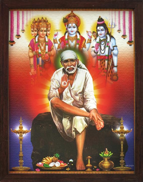 SANVIKA Sai Baba Poster Frame Wall Decor, Sai Baba Photo Art Frame For Living Room Decor, Hindu Decor For Home Office, Pooja Room- 12" x 9" (Sai Baba Sitting on Throne with Colorful Garland) (COL-3)